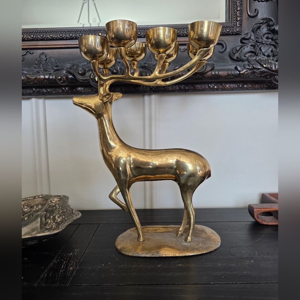 Vintage Brass Reindeer Buck 8 Point Votive Holder 13 x 7